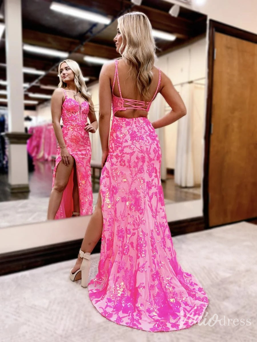 Hot Pink Sequin Lace Prom Dress with Slit and Lace-Up Back – Style SQ044
