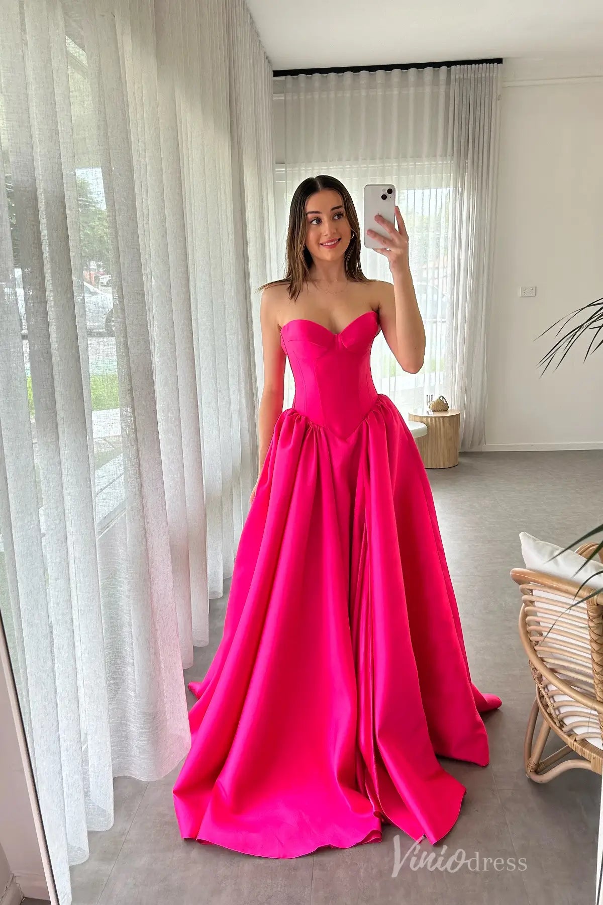 Hot Pink Satin Prom Dress with Corset Bodice and Basque Waist – AS039 – Viniodress