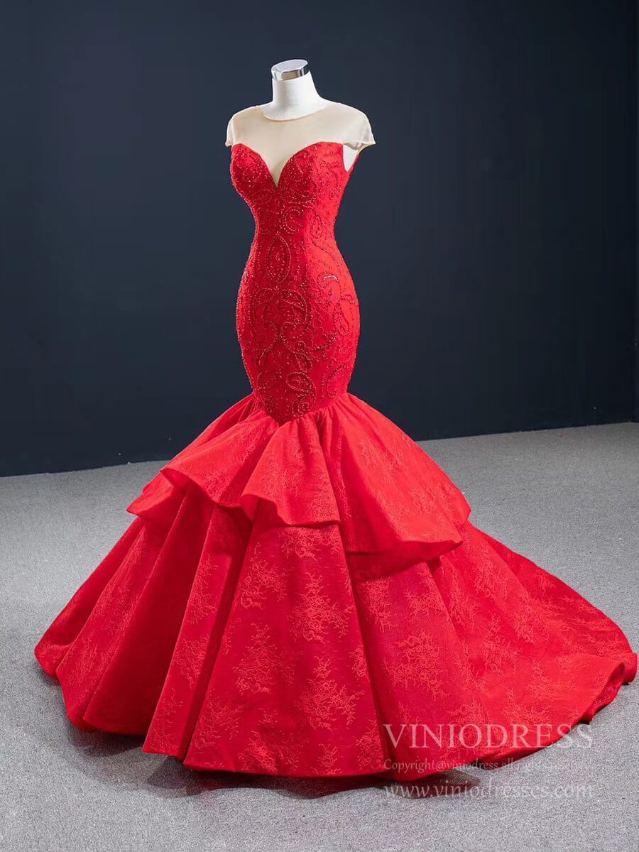 Illusion Shoulder Red Mermaid Wedding Dresses Beaded Prom Dress 67149 – Viniodress