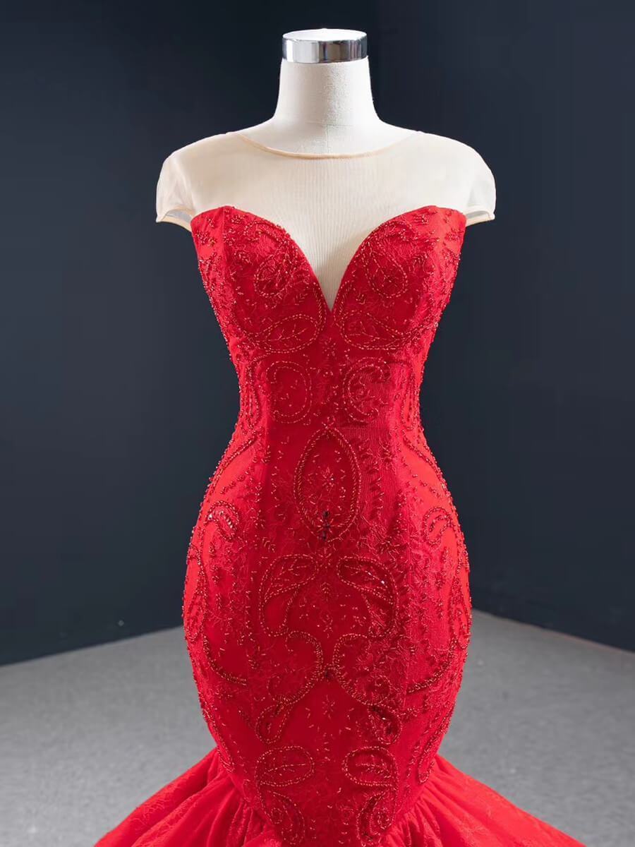 Illusion Shoulder Red Mermaid Wedding Dresses Beaded Prom Dress 67149 – Viniodress