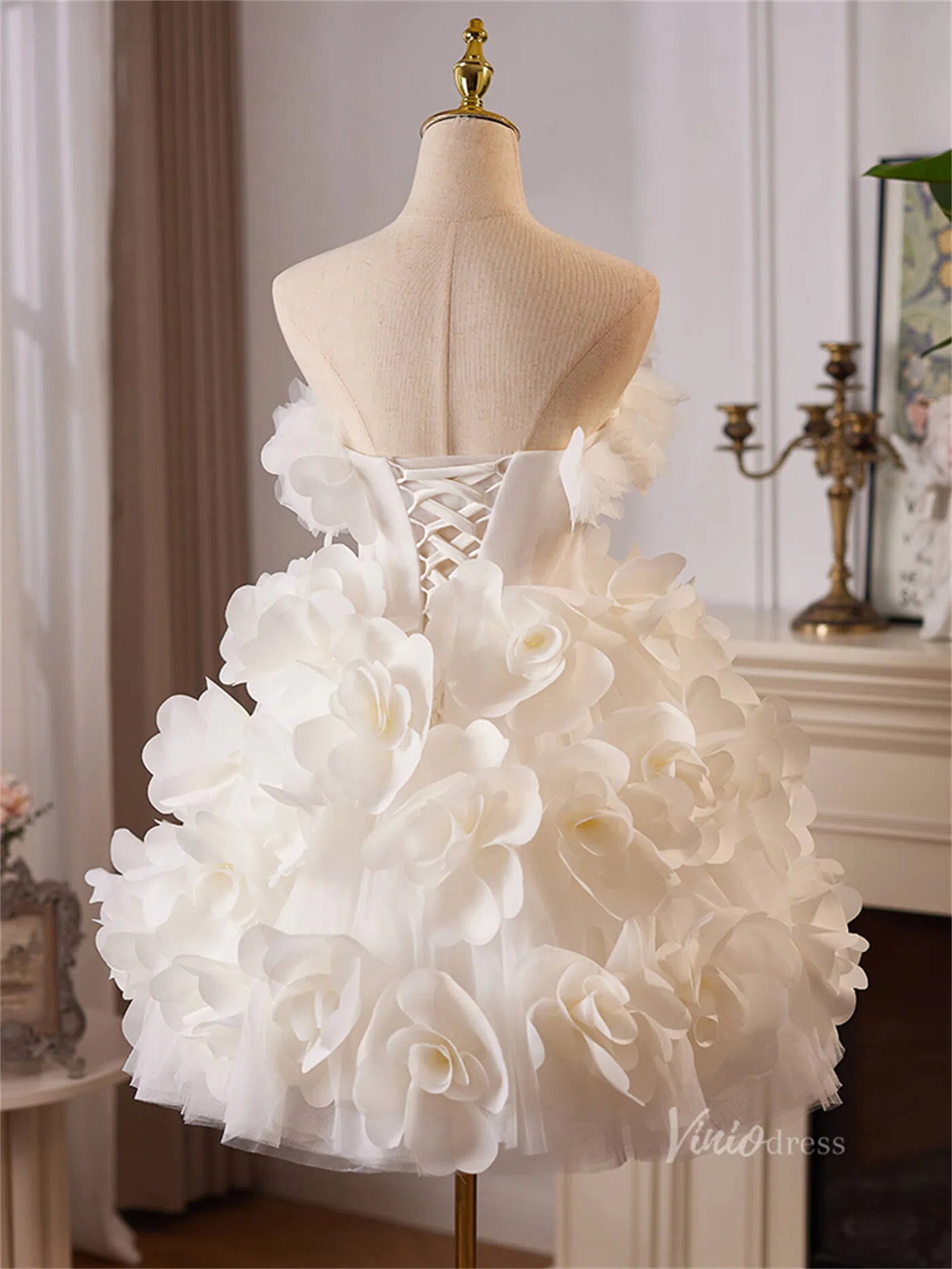 Ivory 3D Flower Rosette Homecoming Dresses Strapless Ruffled Short Pro – Viniodress