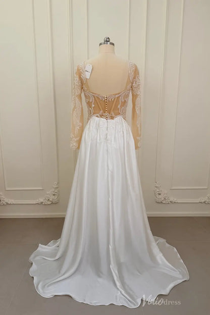 Ivory Beaded Lace A-Line Wedding Dress with Illusion Long Sleeves, Deep V Back & Chiffon Slit Skirt – LA160-wedding dresses 2026-Viniodress-Ivory-Custom Size – Add Measurements in Cart-