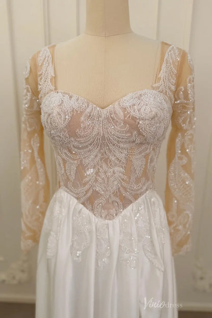 Ivory Beaded Lace A-Line Wedding Dress with Illusion Long Sleeves, Deep V Back & Chiffon Slit Skirt – LA160-wedding dresses 2026-Viniodress-Ivory-Custom Size – Add Measurements in Cart-