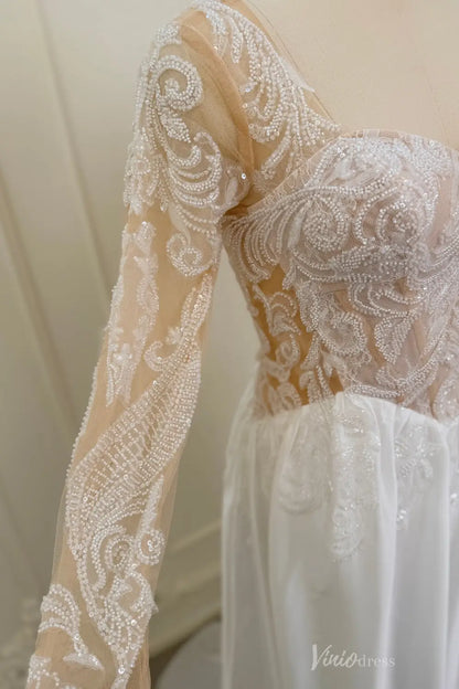 Ivory Beaded Lace A-Line Wedding Dress with Illusion Long Sleeves, Deep V Back & Chiffon Slit Skirt – LA160-wedding dresses 2026-Viniodress-Ivory-Custom Size – Add Measurements in Cart-