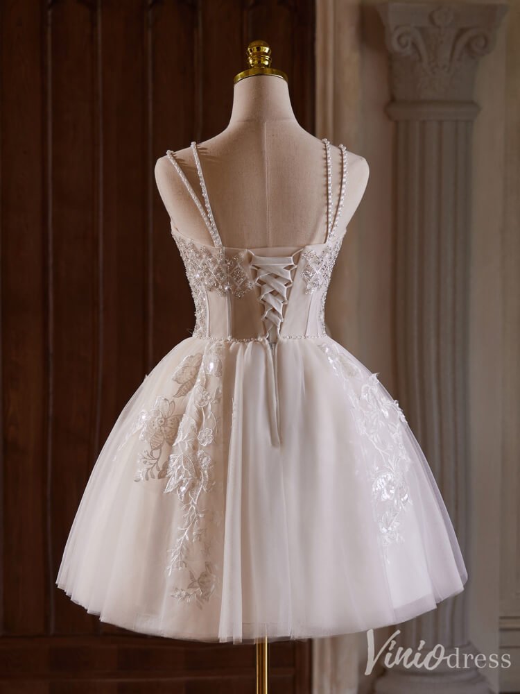 Ivory Beaded Lace Applique Homecoming Dresses Spaghetti Strap Lace Up Bodice BJ041-prom dresses 2025 -Viniodress-Ivory-Custom Size-