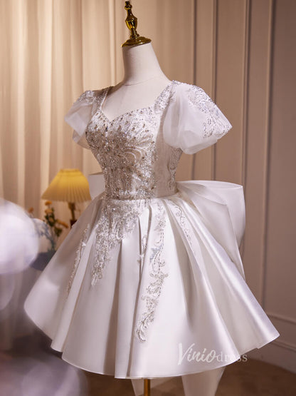 Ivory Beaded Lace Bow Homecoming Dresses with Puffed Sleeve BJ013-prom dresses 2025 -Viniodress-Ivory-Custom Size-