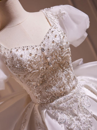 Ivory Beaded Lace Bow Homecoming Dresses with Puffed Sleeve BJ013-prom dresses 2025 -Viniodress-Ivory-Custom Size-