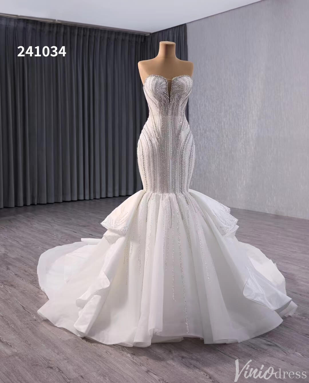 Ivory Beaded Lace Mermaid Wedding Gown Strapless Tiered Bridal Dress 241034-wedding dresses 2025 -Viniodress-Ivory-Custom Size-