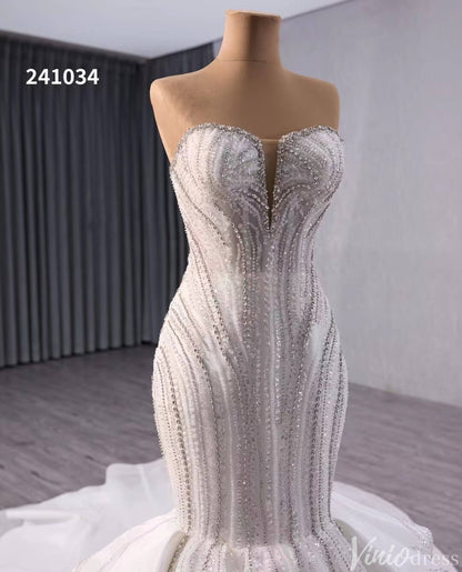 Ivory Beaded Lace Mermaid Wedding Gown Strapless Tiered Bridal Dress 241034-wedding dresses 2025 -Viniodress-Ivory-Custom Size-