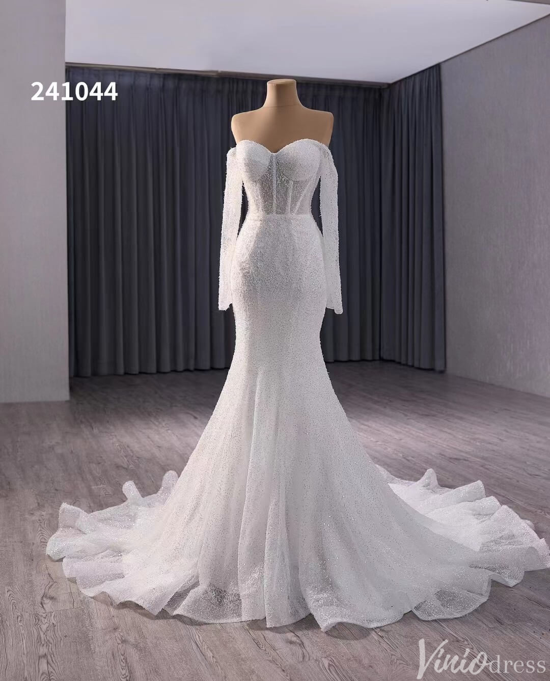 Ivory Beaded Mermaid Wedding Gown Sheer Off the Shoulder Bridal Dress 241044-wedding dresses 2025 -Viniodress-Ivory-Custom Size-