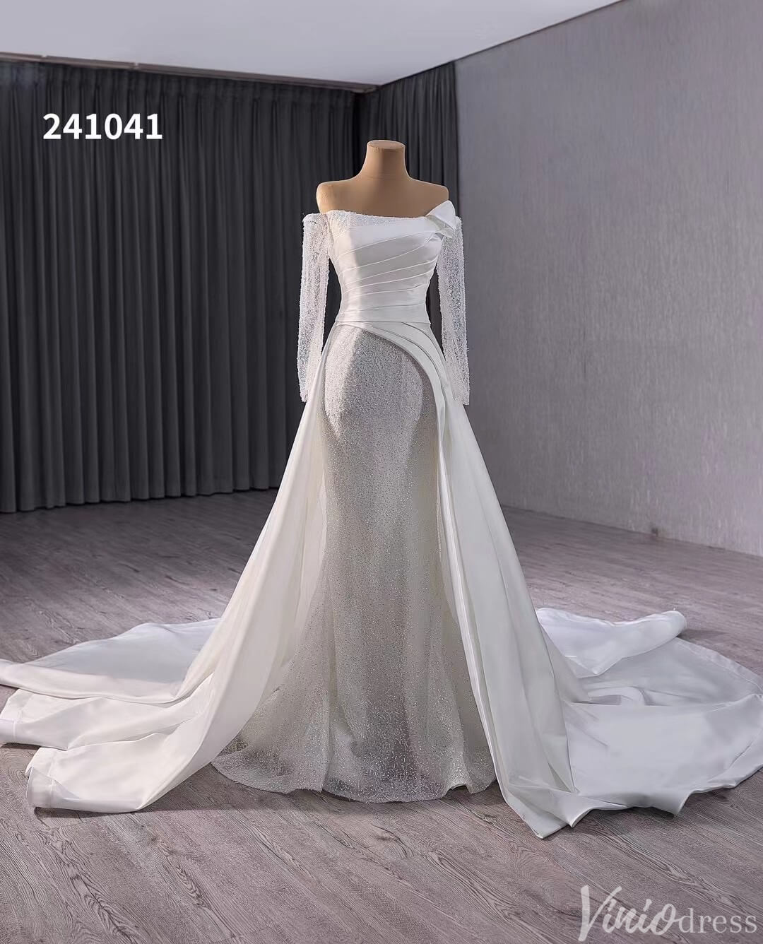 Ivory Beaded Mermaid Wedding Gown with Overskirt Off the Shoulder Bridal Dress 241041-wedding dresses 2025 -Viniodress-Ivory-Custom Size-