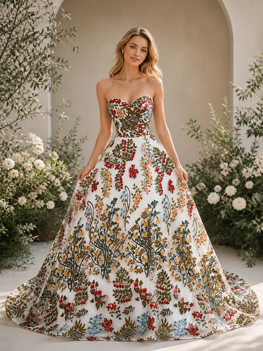 Ivory Botanical Floral Embroidered Ball Gown Wedding Dress with Strapless Sweetheart Neckline & Corset Back - FW270-wedding dresses 2026-Viniodress-Ivory-Custom Size – Add Measurements in Cart-