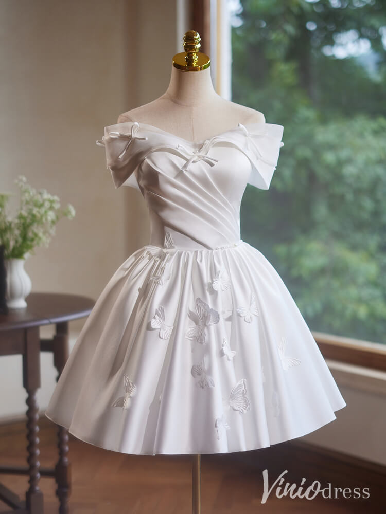 Ivory Butterfly Satin Homecoming Dresses Off the Shoulder Graduation D – Viniodress
