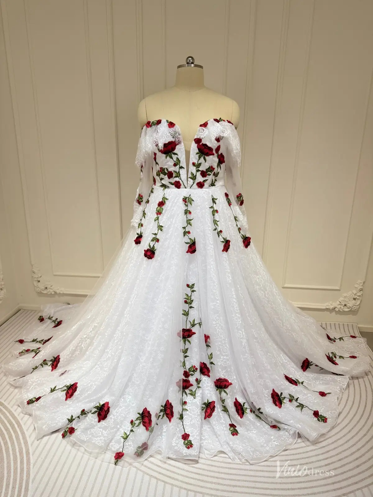 Ivory Wedding Dress with Red Rose Embroidery & Off Shoulder Sleeves – Viniodress
