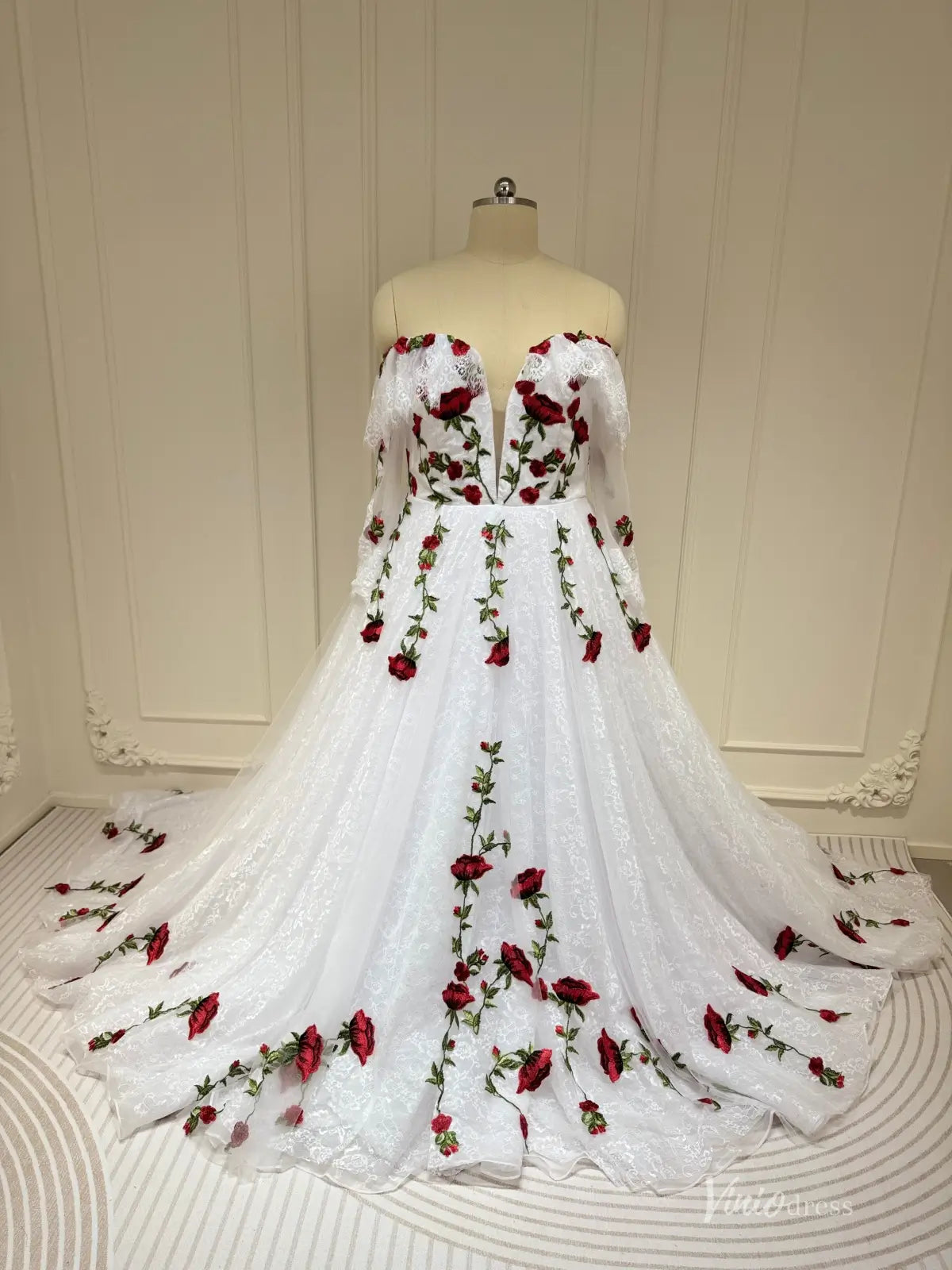 Ivory Floral Lace Wedding Dress with Red Rose Embroidery & Off Shoulder Sleeves