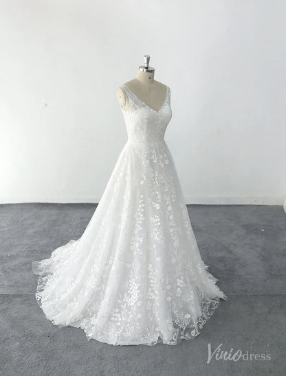 Ivory Floral Lace Wedding Dress with V-Neckline, Illusion Back & Sweep Train – LA141-wedding dresses 2025 -Viniodress-Ivory-Custom Size-