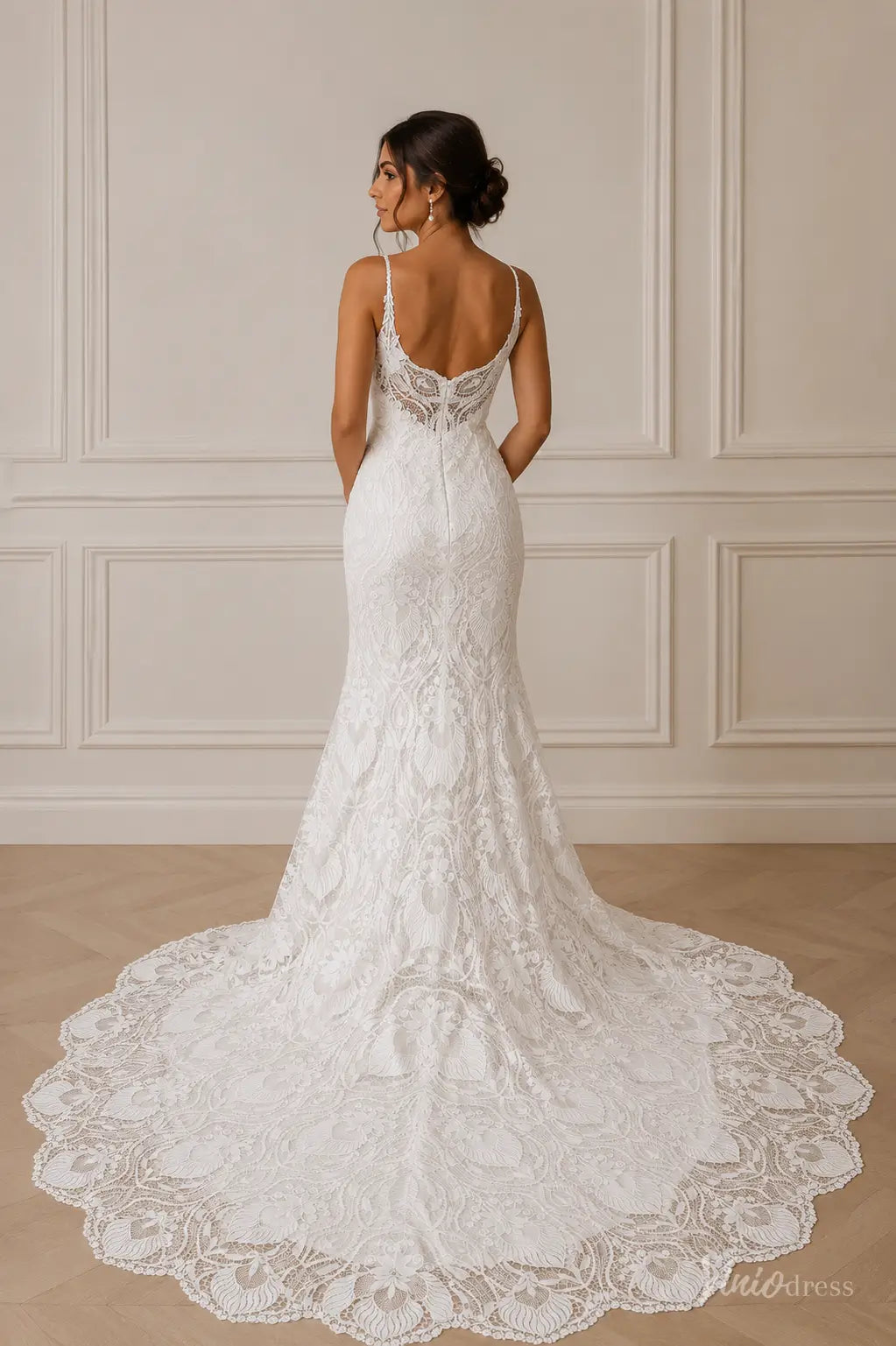Ivory Guipure Lace Boho Mermaid Wedding Dress with Spaghetti Straps an – Viniodress