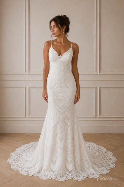Ivory Guipure Lace Boho Mermaid Wedding Dress with Spaghetti Straps an – Viniodress