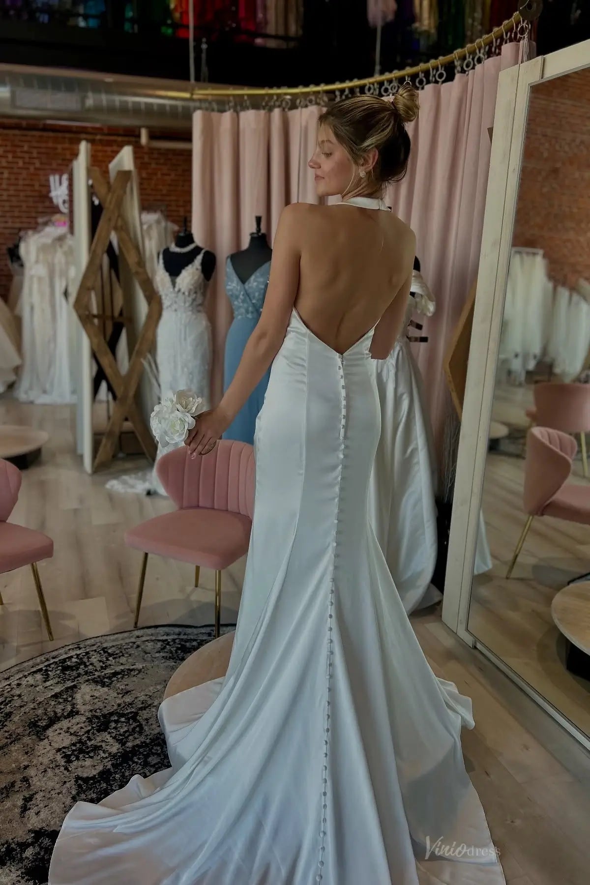 Ivory Halter Wedding Dress with Open Back & High Slit – MN162 – Viniodress