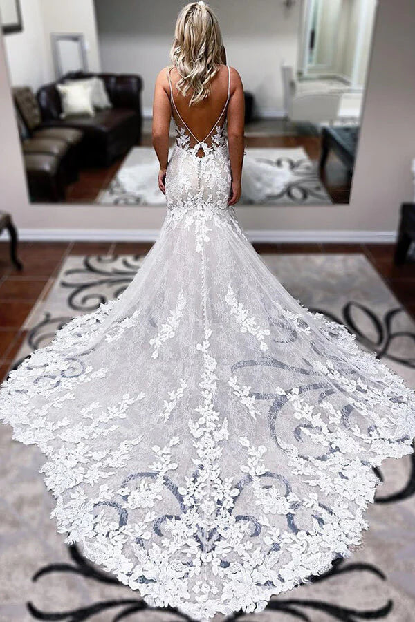 Ivory Lace Applique Mermaid Wedding Dresses Spaghetti Strap V-Neck Bridal Gown VW2165-wedding dresses 2026-Viniodress-Nude-Custom Size-