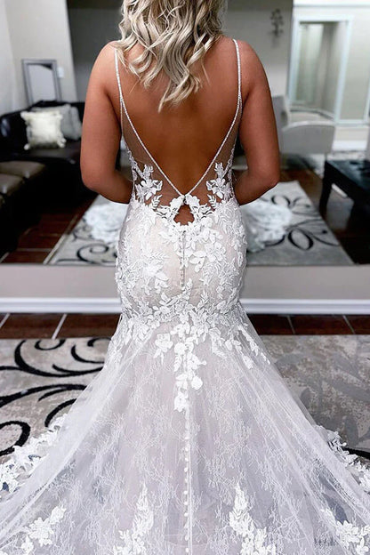 Ivory Lace Applique Mermaid Wedding Dresses Spaghetti Strap V-Neck Bridal Gown VW2165-wedding dresses 2026-Viniodress-Nude-Custom Size-