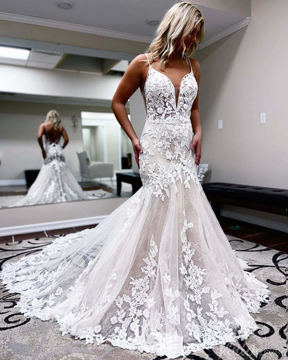 Ivory Lace Applique Mermaid Wedding Dresses Spaghetti Strap V-Neck Bridal Gown VW2165-wedding dresses 2025 -Viniodress-Ivory-Custom Size-