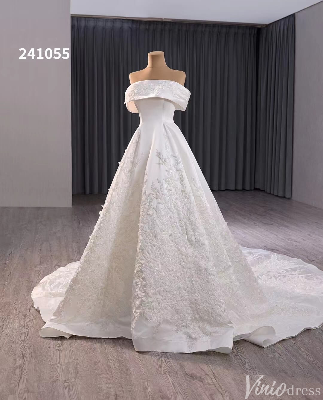 Ivory Lace Applique Satin Wedding Gown Convertible Bridal Dress 241055-wedding dresses 2025 -Viniodress-Ivory-Custom Size-