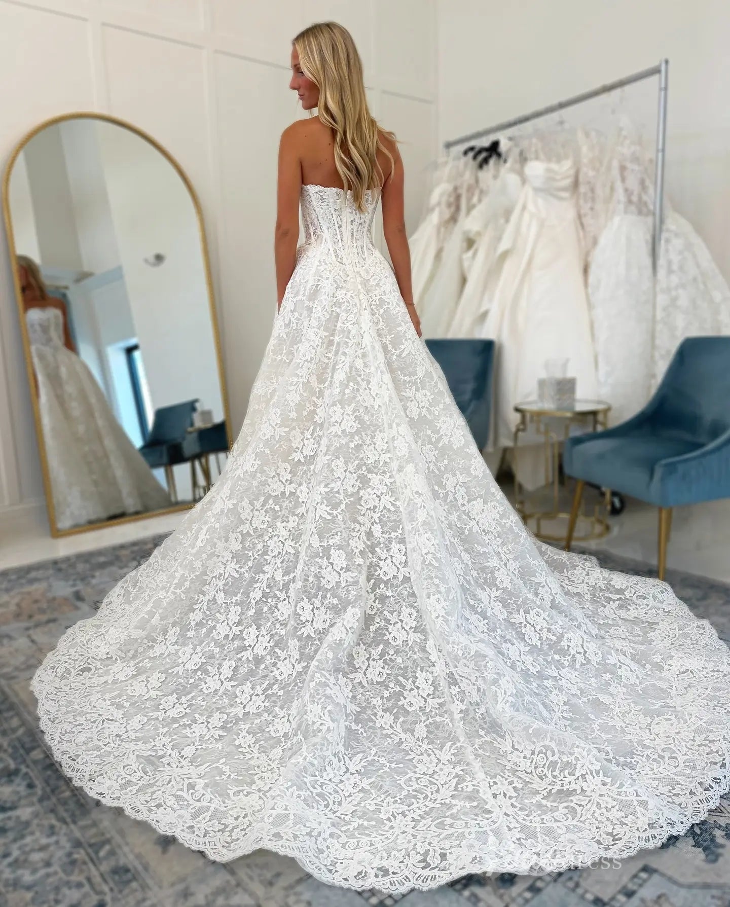 Ivory Lace Ball Gown Wedding Dress with Strapless Corset Bodice, Scalloped Hem & Chapel Train – LC108