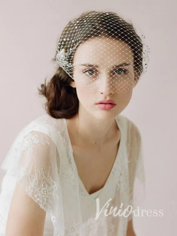 Ivory Mesh Birdcage Veils with Tiny Beads ACC1084-Bridal Veil 2025 -Viniodress-Ivory-