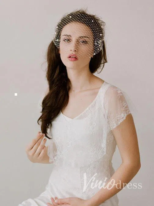 Ivory Mesh Birdcage Veils with Tiny Beads ACC1084-Veils-Viniodress-Ivory-Viniodress