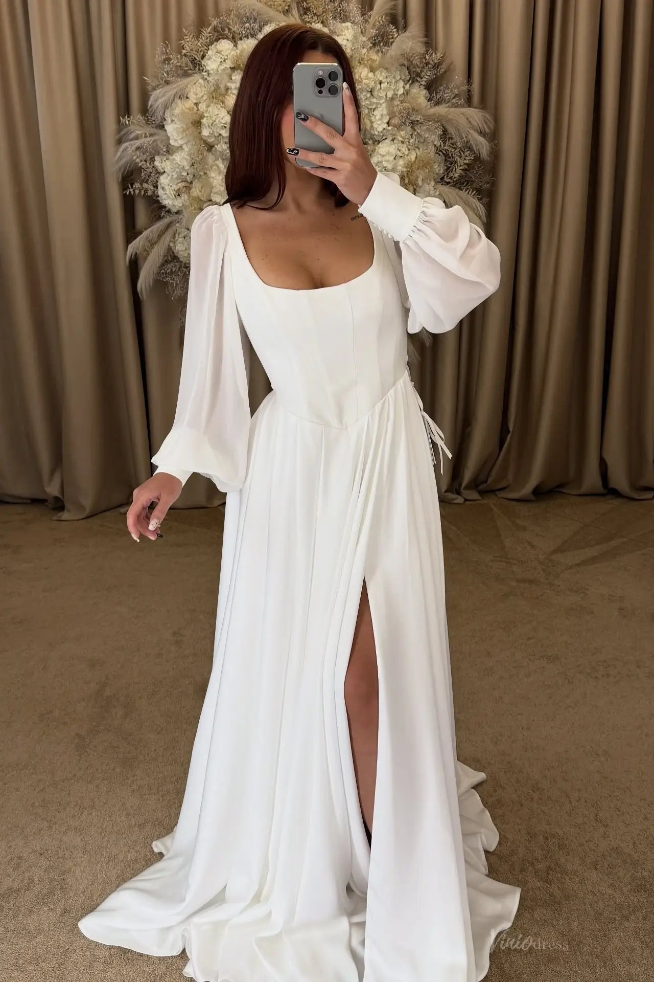 Ivory Square Neck Wedding Dress with Sheer Puff Sleeves & Slit – MS154 – Viniodress