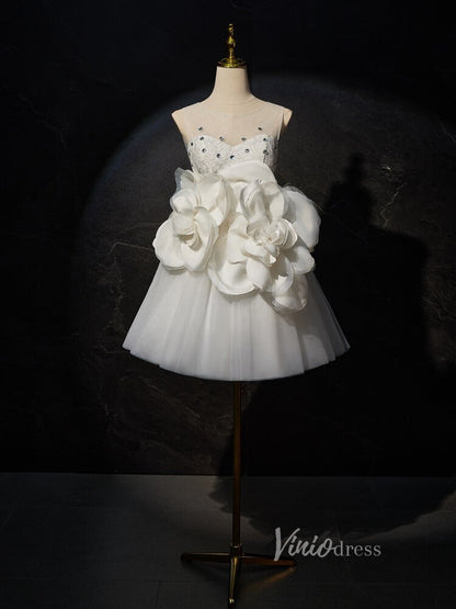Ivory Rosette Floral Blossom Homecoming Dresses Lace Bodice Boat Neck BJ017-prom dresses 2025 -Viniodress-Ivory-Custom Size-