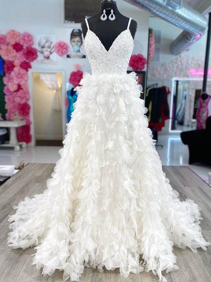 Ivory Ruffle Prom Dresses Spaghetti Strap V-Neck Tiered Wedding Dresses FD3978-prom dresses 2025 -Viniodress-Ivory-Custom Size-