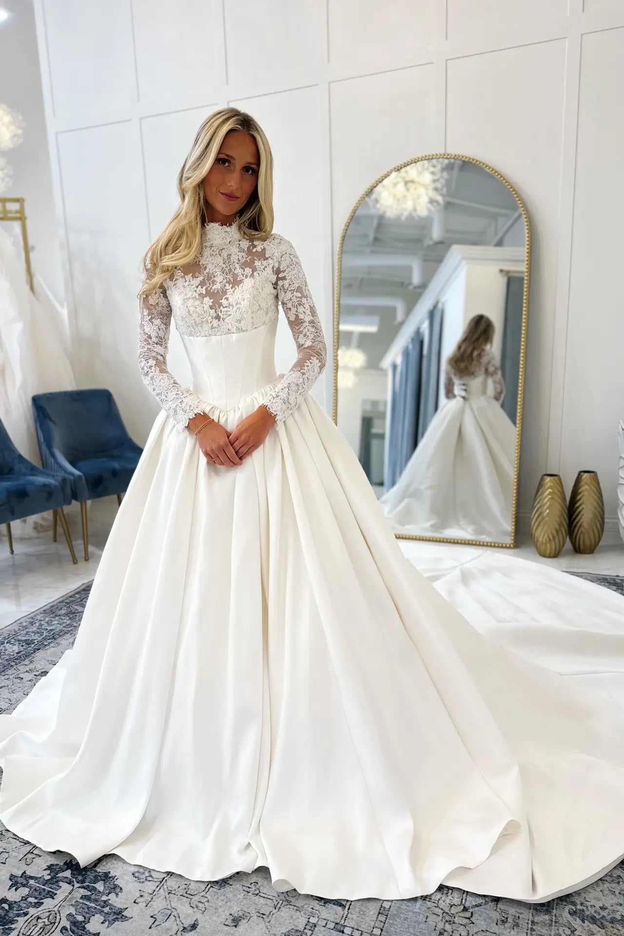 lace ball gown wedding dress with sleeves Regal White Off-the-Shoulder Long Sleeve SW225 100% custom made to your measurements. Ladivine CDS433W Sheer Lace Long