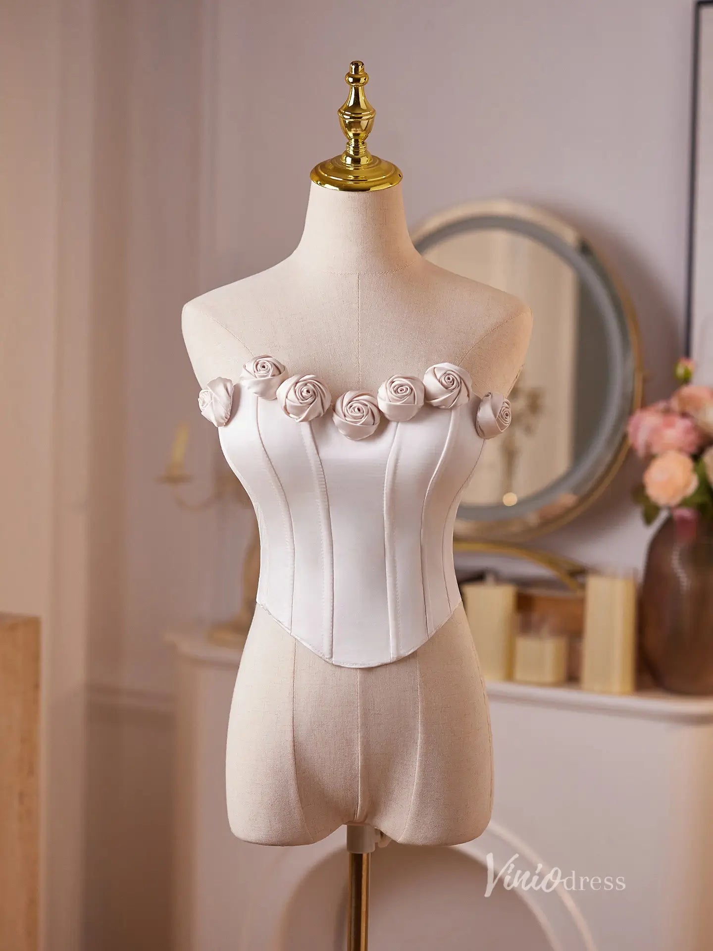Ivory Satin Rose Bustier Top Corsets with Structured Boning & Lace-Up Back – BJ098-prom dresses 2025 -Viniodress-Ivory-Custom Size-