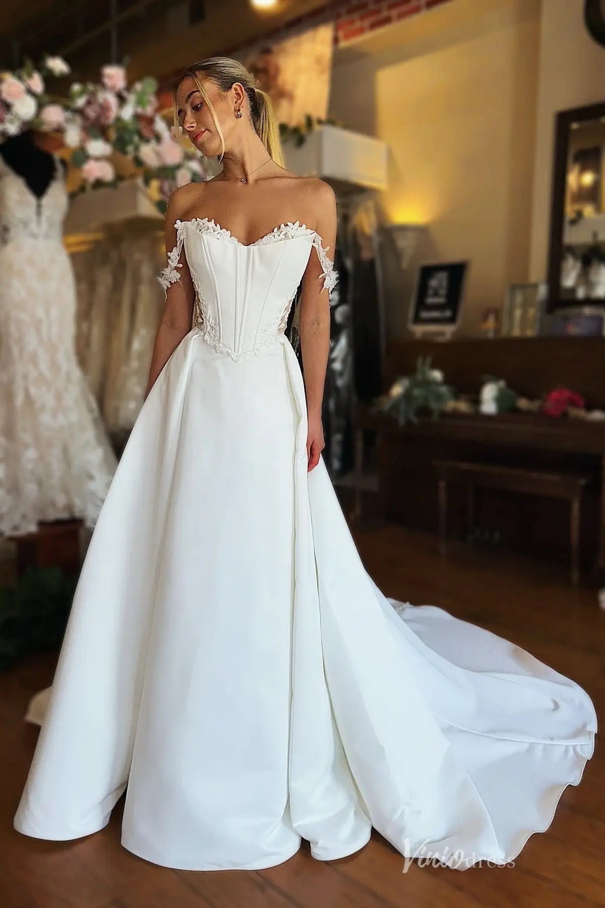 Ivory Satin Wedding Dress with Lace Corset Bodice, Lace-Trim Sweetheart Neckline, Overskirt & Chapel Train – MS142