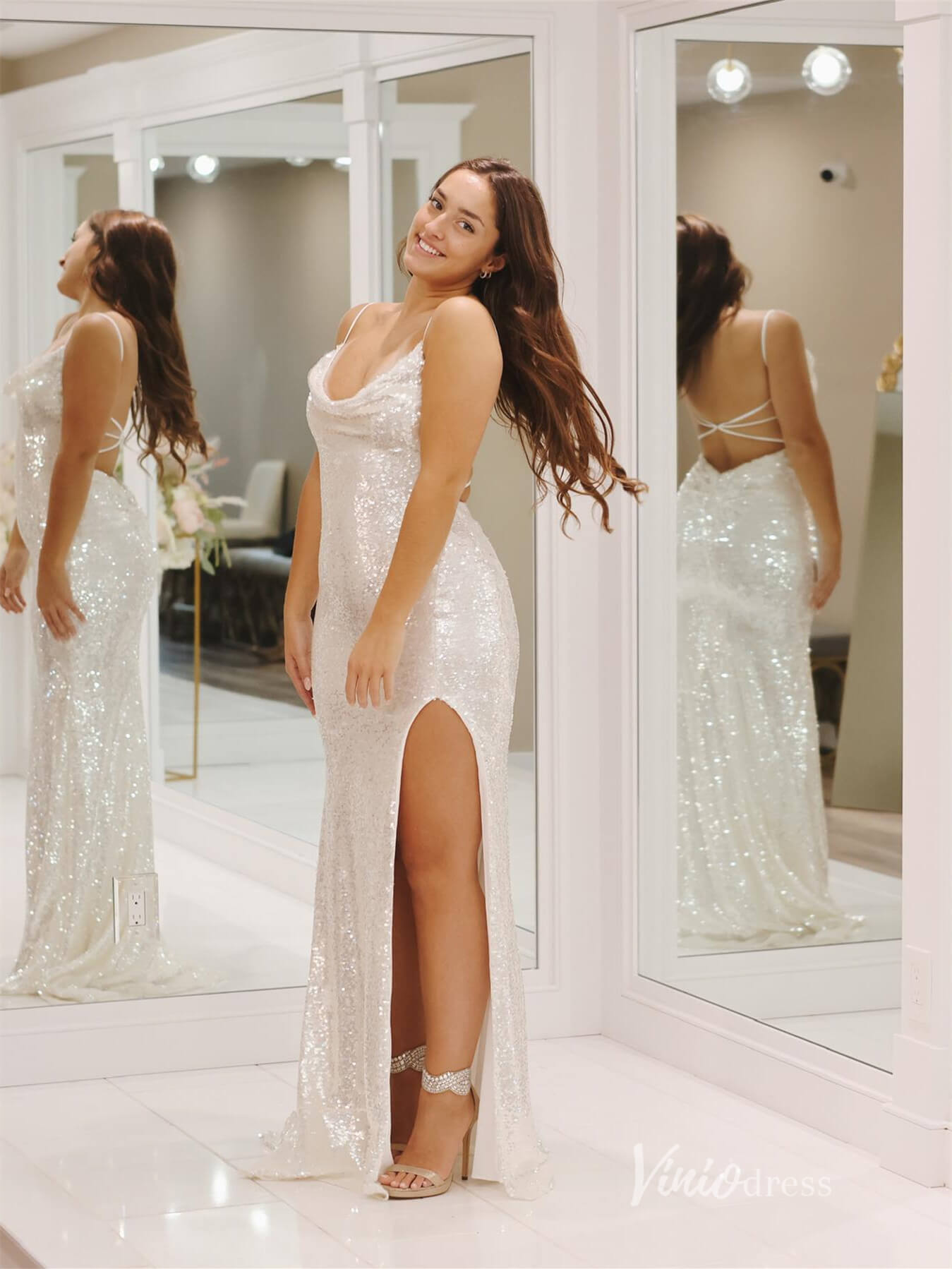 Ivory Sequin Mermaid Prom Dresses with Slit Spaghetti Strap Evening Dress FD3680-prom dresses 2025 -Viniodress-Ivory-Custom Size-