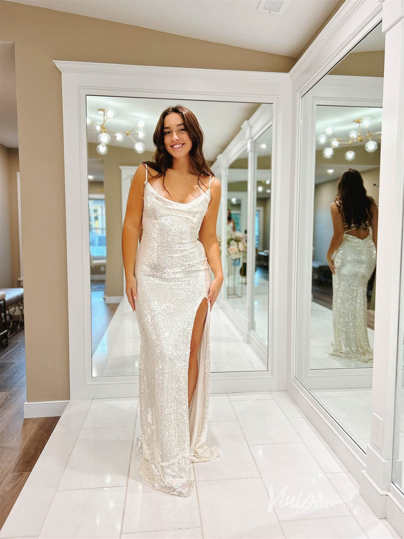Ivory Sequin Mermaid Prom Dresses with Slit Spaghetti Strap Evening Dr – Viniodress