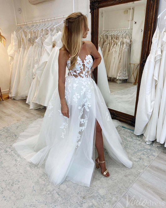 Ivory Strapless Lace Applique Wedding Dresses with Slit Sweetheart Bridal Gown AW1014-wedding dresses 2025 -Viniodress-Ivory-Custom Size-