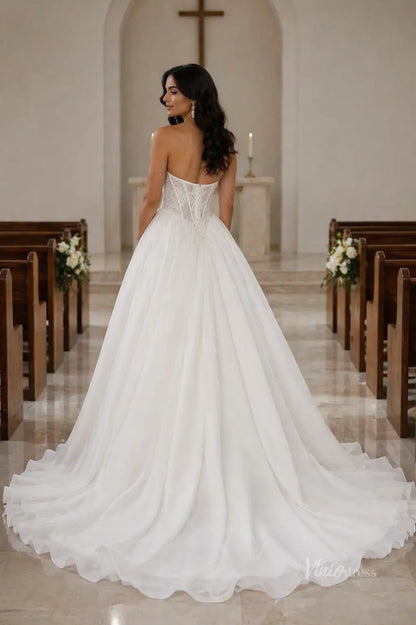 Ivory Strapless Lace Corset Ball Gown Wedding Dress with Basque Waist & Organza Train – MS158-wedding dresses 2026-Viniodress-Ivory-Custom Size – Add Measurements in Cart-