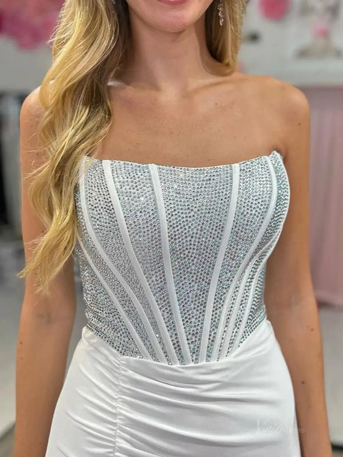 Ivory Strapless Organza Prom Dress 2025 with Slit & Beaded Boned Bodice – FD5047-prom dresses 2025 -Viniodress-Ivory-Custom Size-