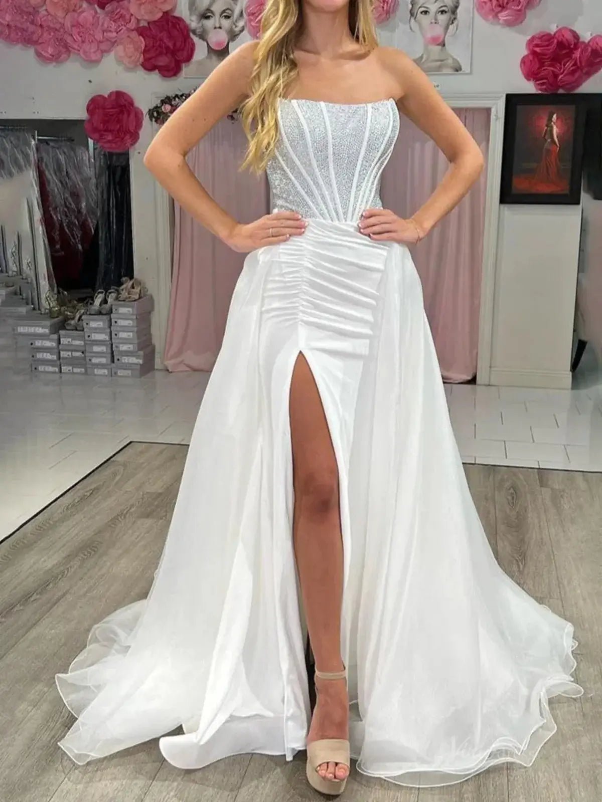 Ivory Strapless Organza Prom Dress 2025 with Slit & Beaded Boned Bodice – FD5047-prom dresses 2025 -Viniodress-Ivory-Custom Size-