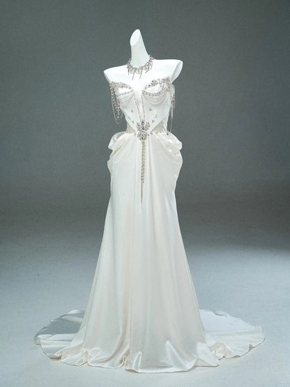 Ivory Strapless Satin Prom Dresses with Sweetheart Neckline, Rhinestones & Pearl String - CQ0116-Couture Gown 2025 -Viniodress-Ivory-Custom Size-