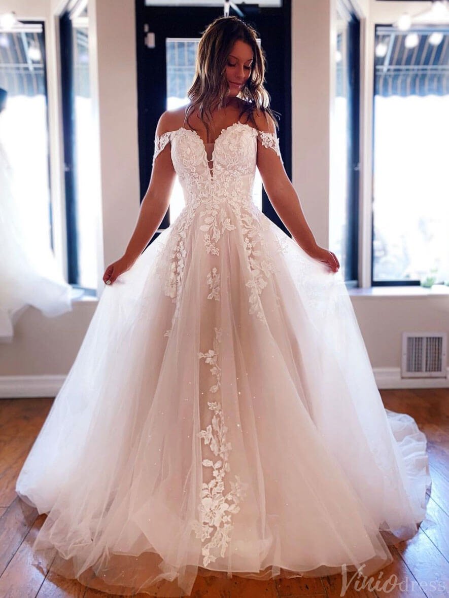 Ivory Sweetheart Lace Applique Wedding Dresses Off the Shoulder Bridal Gown VW2178-wedding dresses 2025 -Viniodress-Ivory-Custom Size-