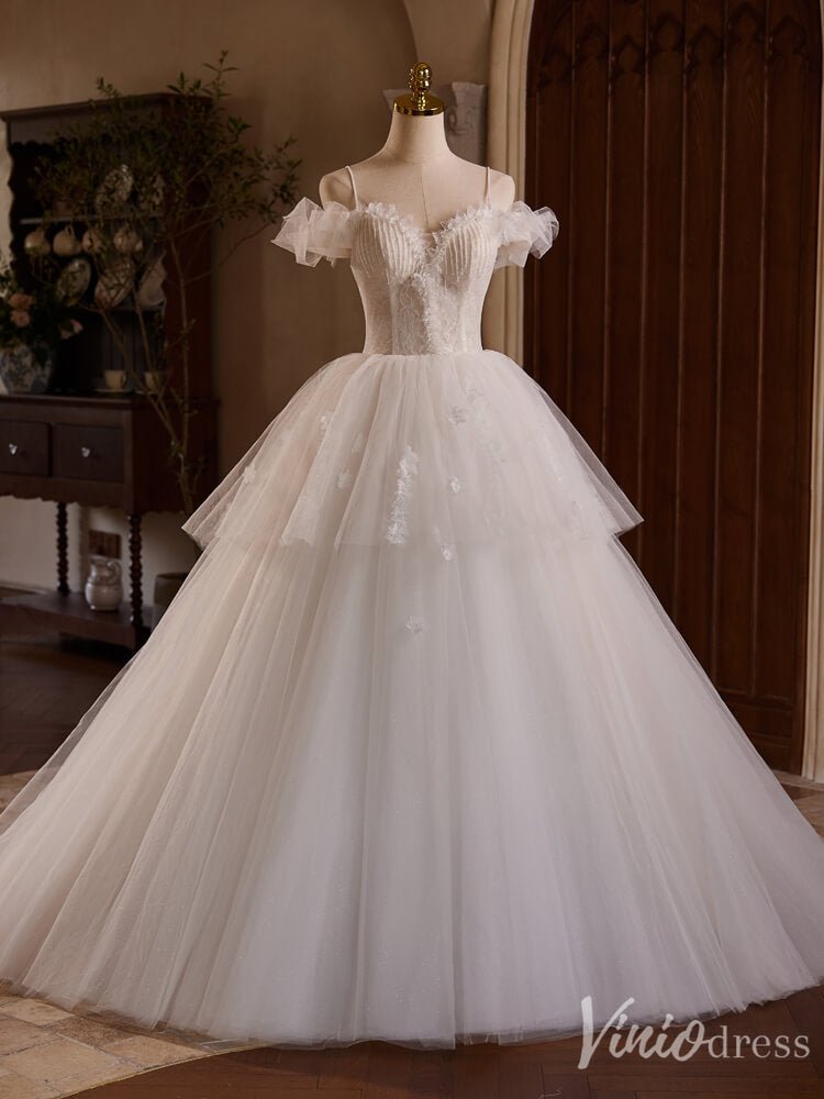 Ivory Tiered Spaghetti Strap Prom Dresses Beaded String Lace Wedding Gown BJ046-prom dresses 2025 -Viniodress-Ivory-Custom Size-