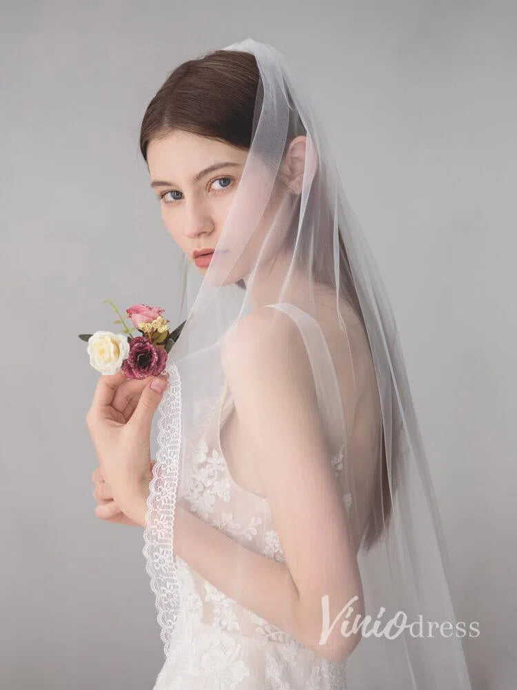 Ivory Tulle Wedding Veils One Layer Bridal Veil with Lace Hem V610-Bridal Veil 2025 -Viniodress-Ivory-