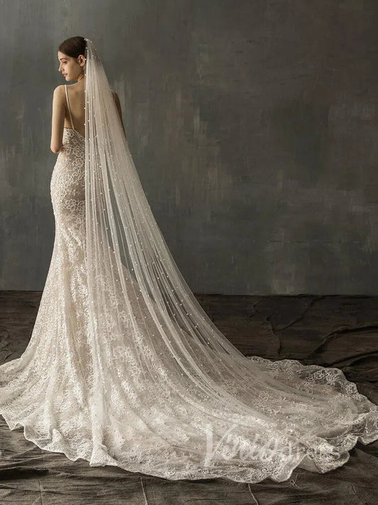 Ivory White Chapel Bridal Veils with Pearls AC1008-Bridal Veil 2025 -Viniodress-Ivory-Chapel/As Pictured-