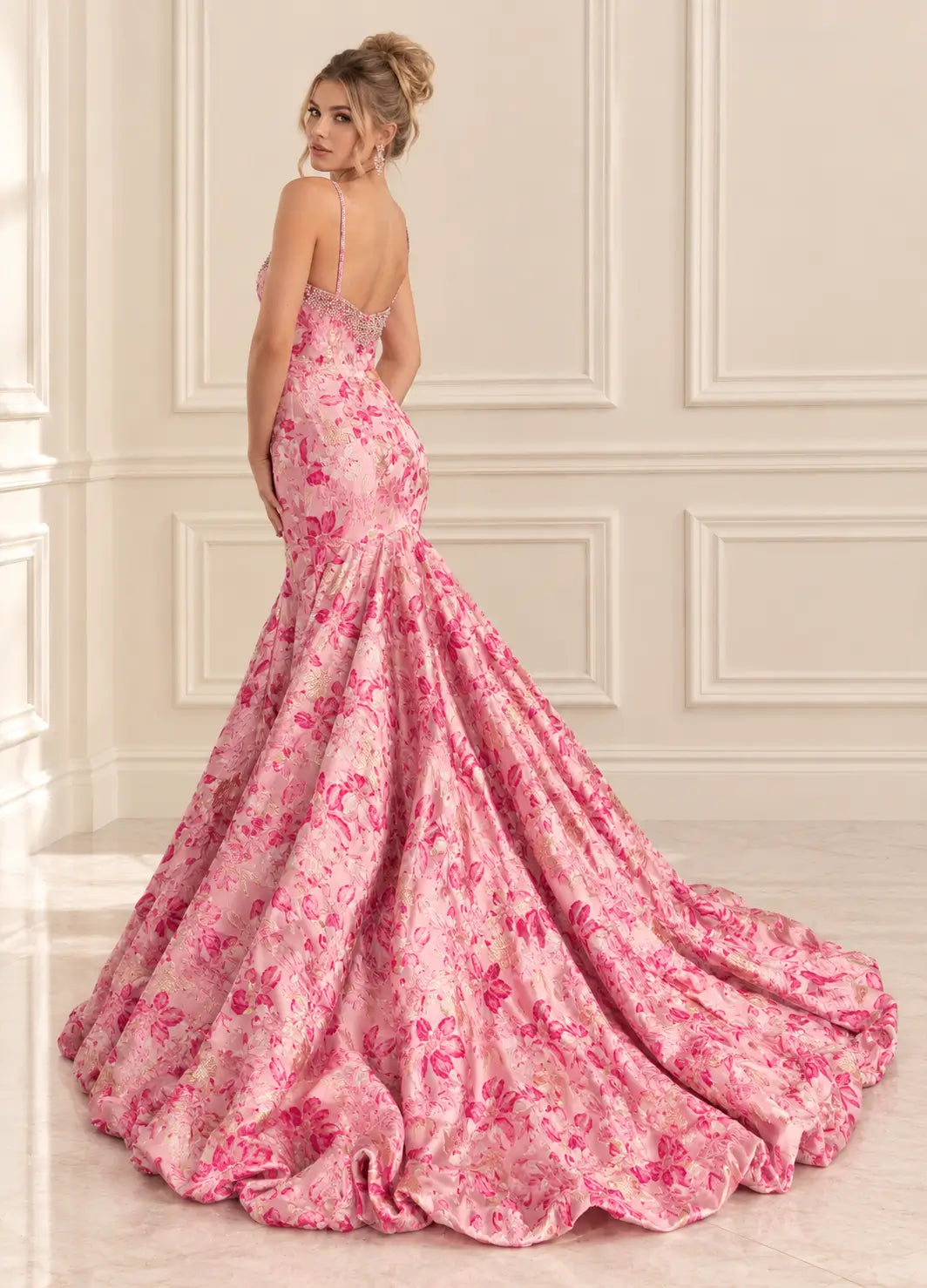 Floral Jacquard Mermaid Prom Dresses with Rhinestone Neckline & Bubble Hem Train JC045