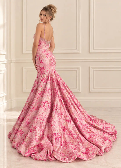 Floral Jacquard Mermaid Prom Dresses with Rhinestone Neckline & Bubble Hem Train JC045