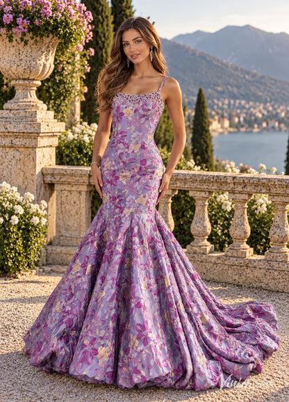 Floral Jacquard Mermaid Prom Dresses with Rhinestone Neckline & Bubble Hem Train JC045